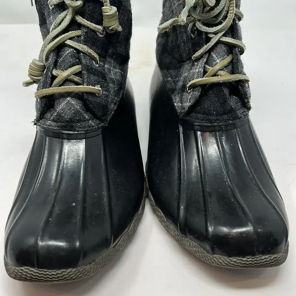 Sperry Top Sider Women's Black & Gray Plaid Rubber Ankle Duck Boots Size 9